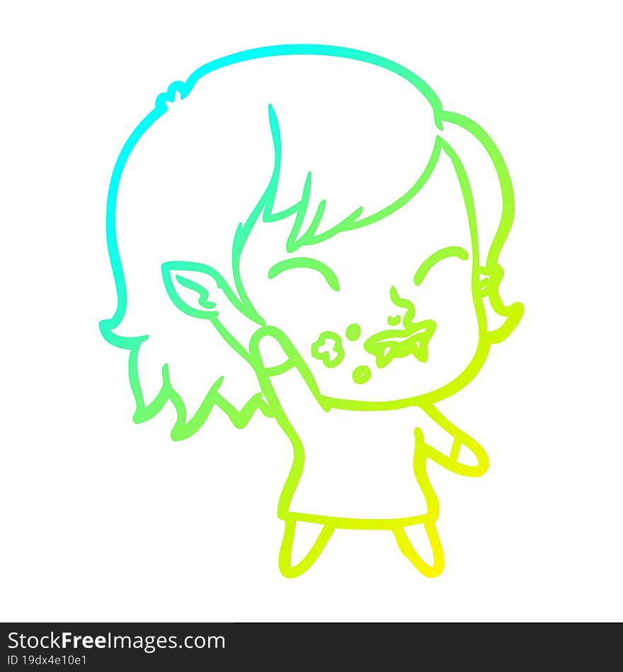 Cold Gradient Line Drawing Cartoon Vampire Girl With Blood On Cheek