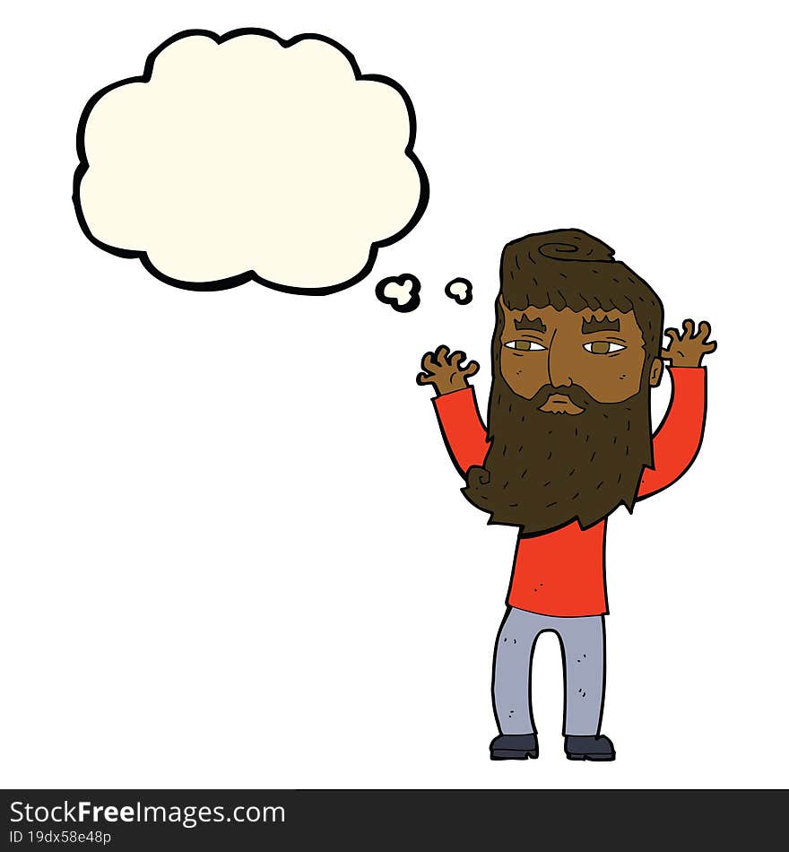 cartoon bearded man waving arms with thought bubble