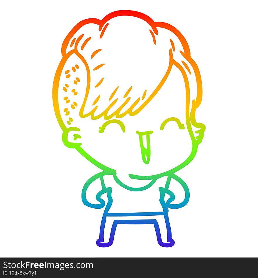 Rainbow Gradient Line Drawing Cartoon Happy Hipster Girl