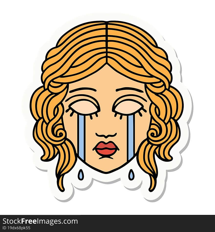 tattoo style sticker of female face crying