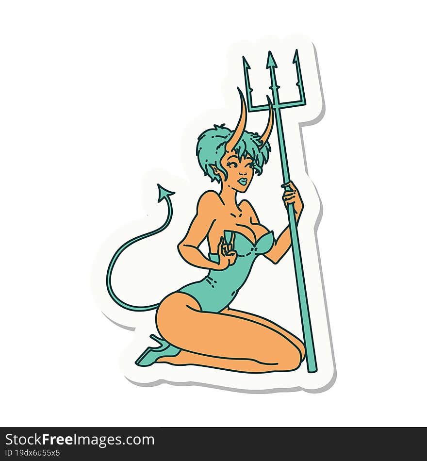 sticker of tattoo in traditional style of a pinup devil girl. sticker of tattoo in traditional style of a pinup devil girl