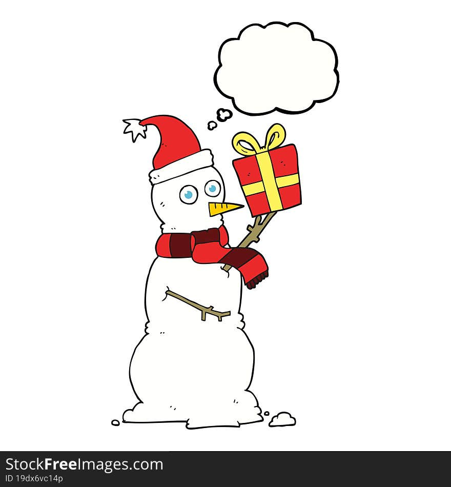 freehand drawn thought bubble cartoon snowman holding present