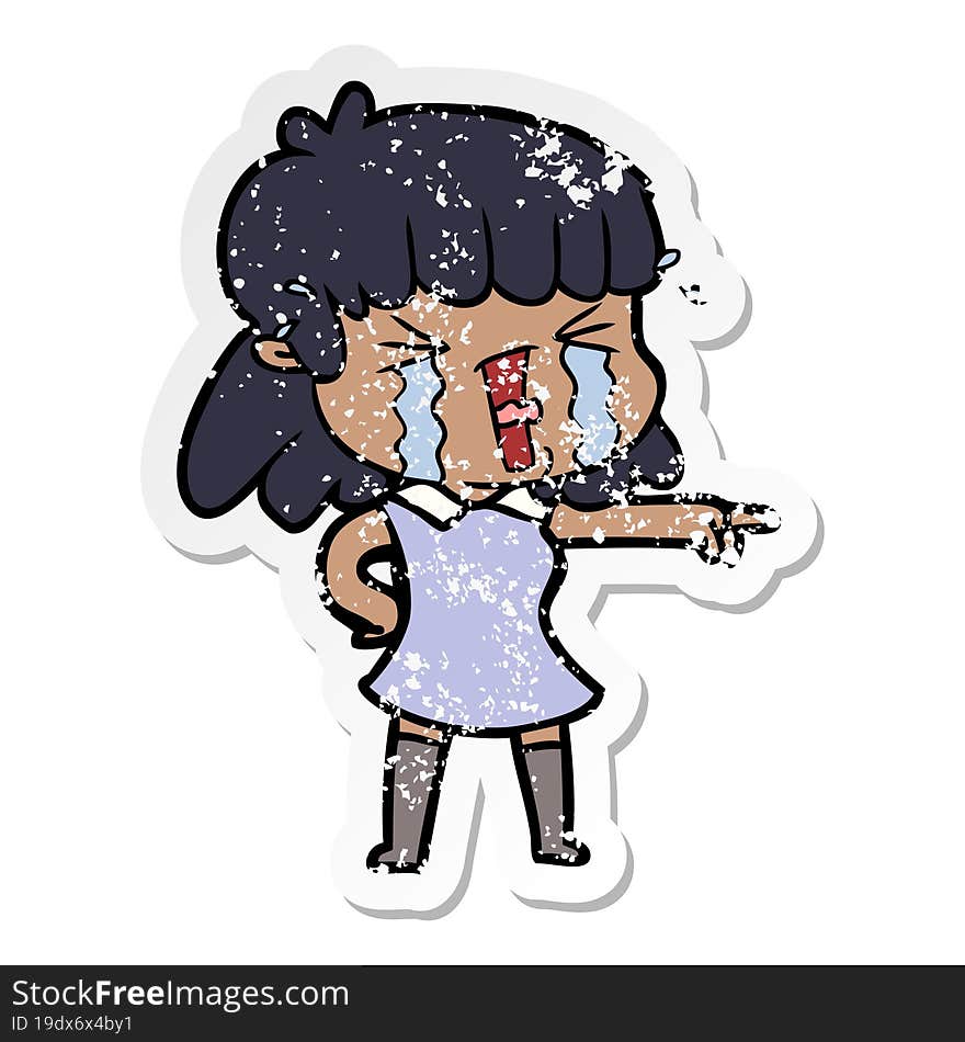 distressed sticker of a cartoon woman crying