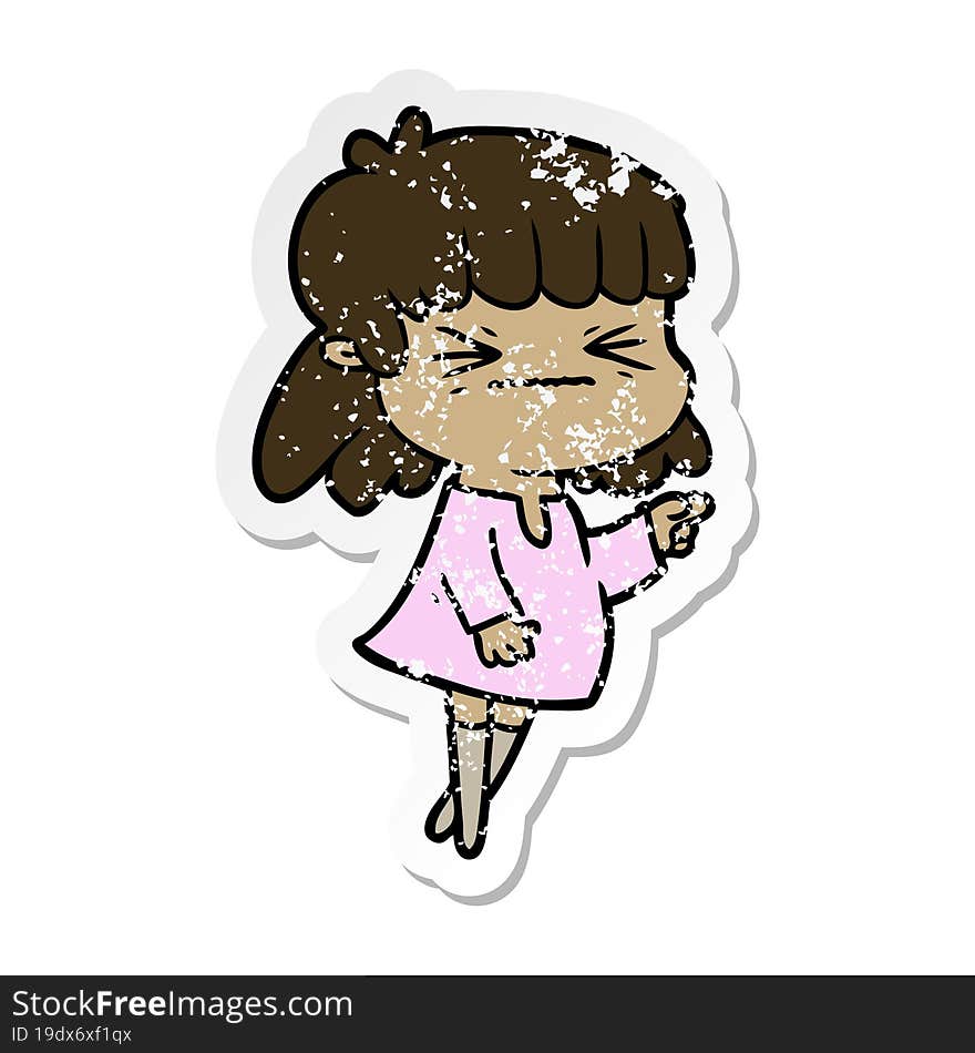 distressed sticker of a cartoon angry girl