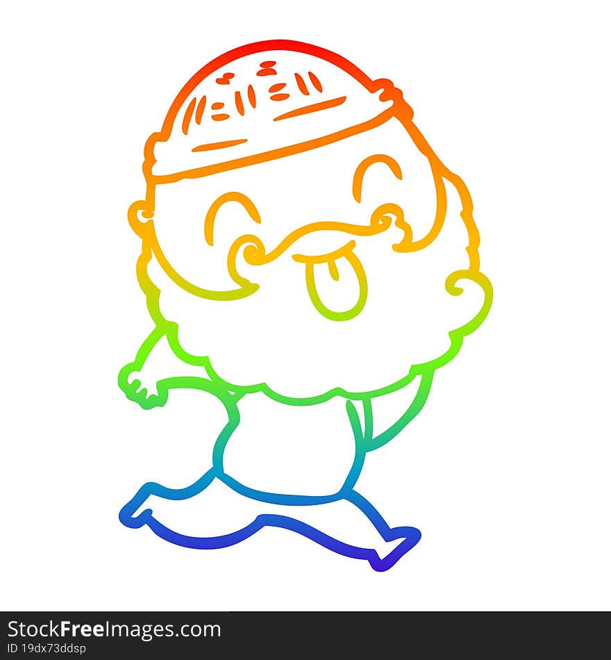 rainbow gradient line drawing running man with beard sticking out tongue