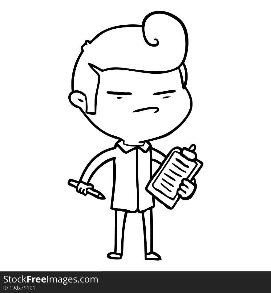 cartoon cool guy with fashion hair cut and clip board. cartoon cool guy with fashion hair cut and clip board