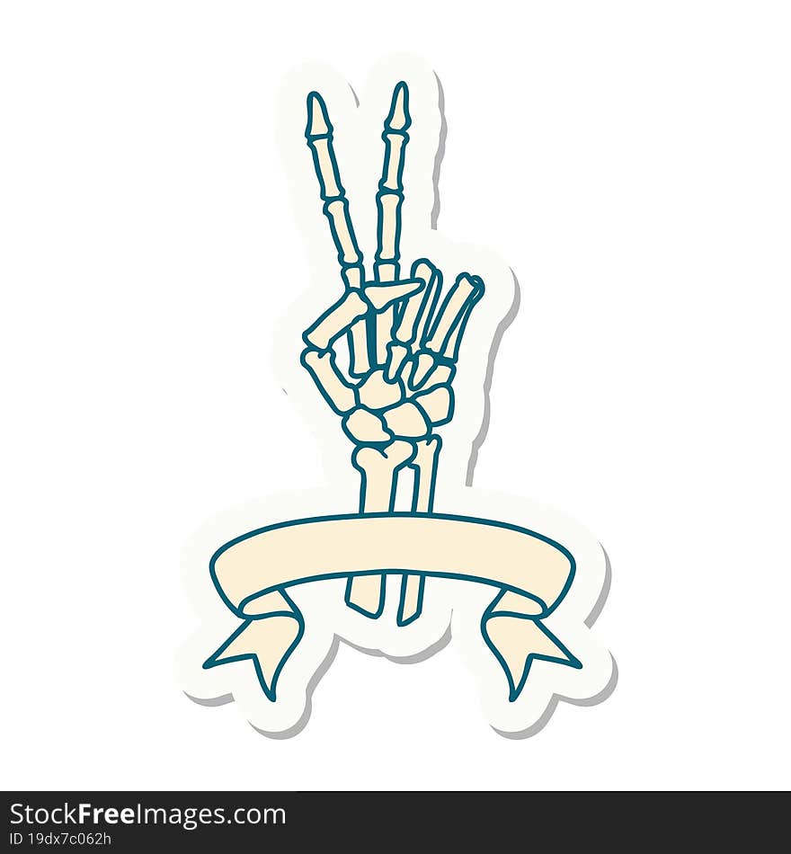 tattoo sticker with banner of a skeleton hand giving a peace sign