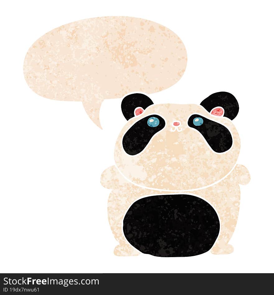 cartoon panda and speech bubble in retro textured style