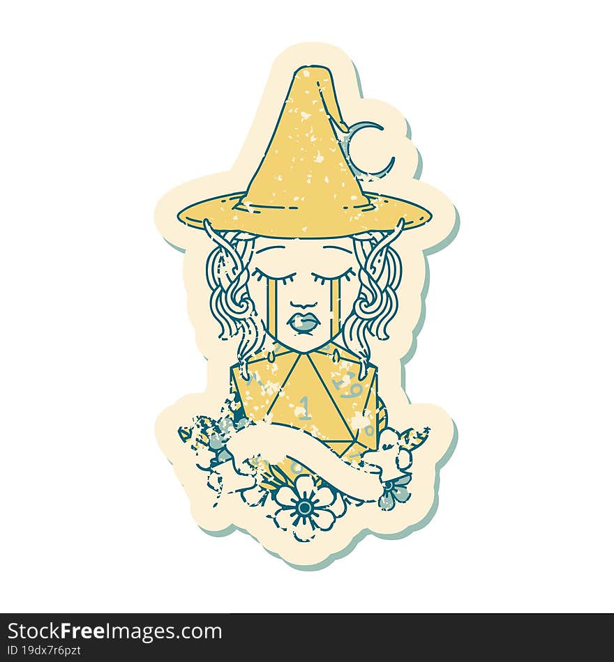 Crying Elf Mage Character Face With Natural One D20 Roll Illustration