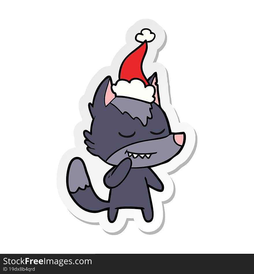 friendly sticker cartoon of a wolf wearing santa hat