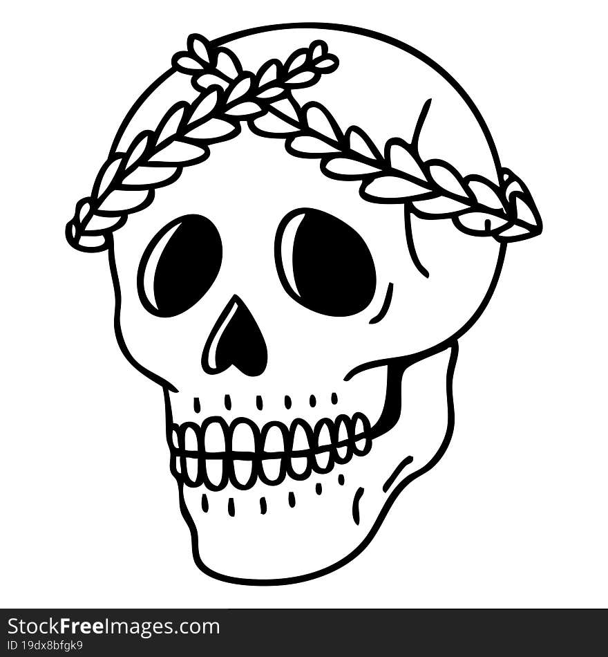 black line tattoo of a skull with laurel wreath crown