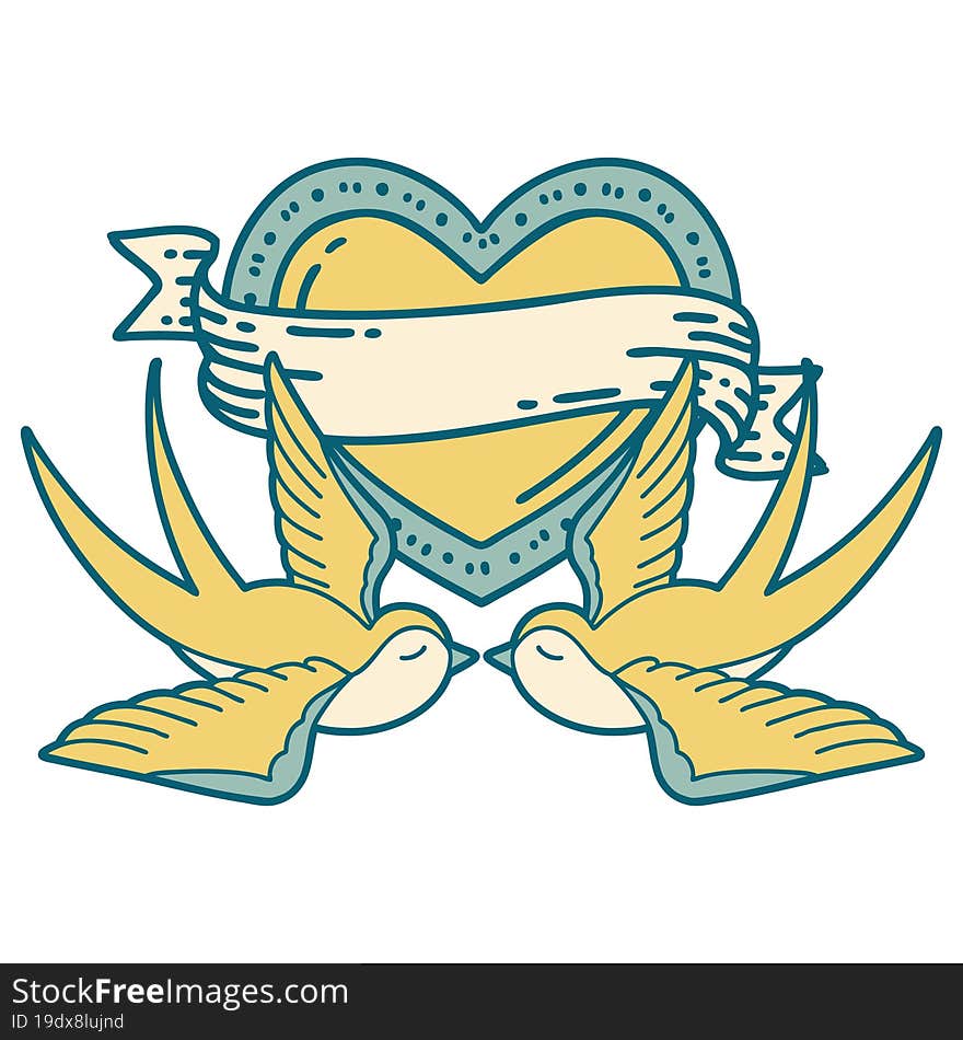 tattoo style icon of a swallows and a heart with banner