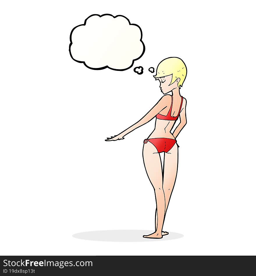 cartoon bikini woman with thought bubble