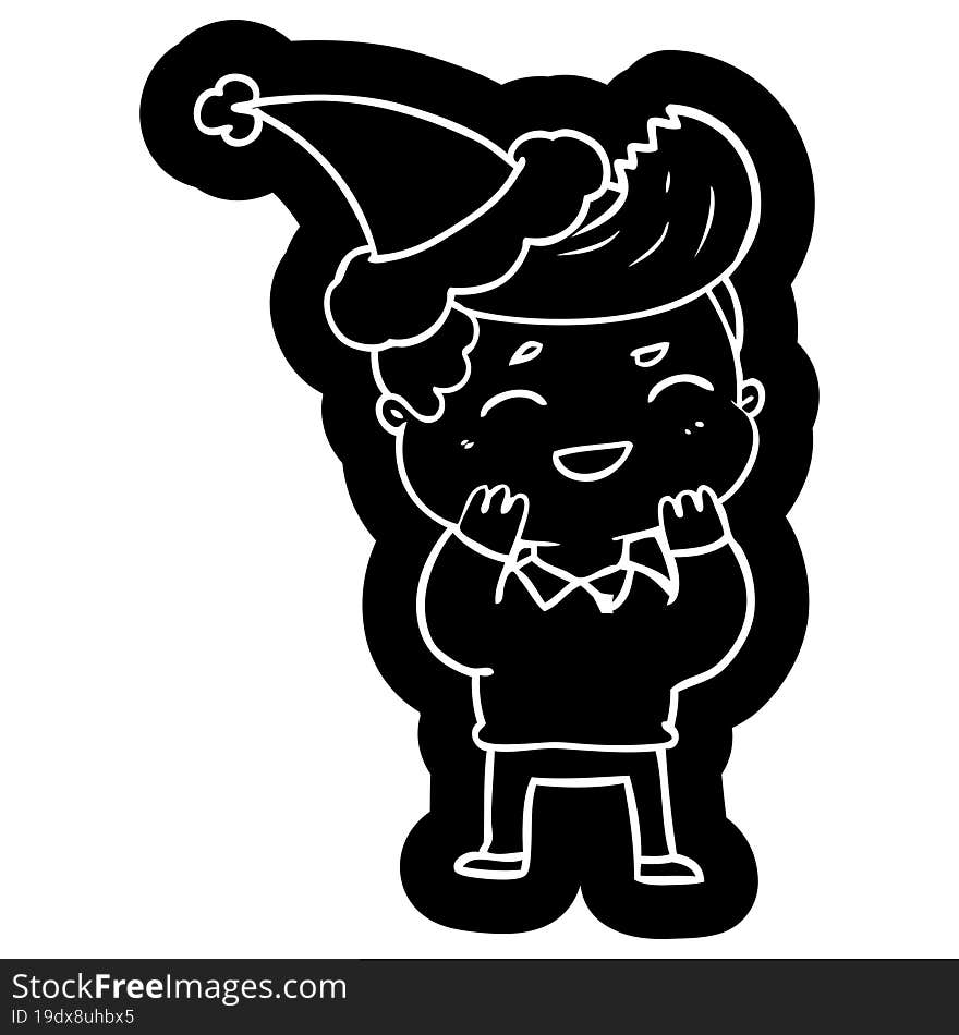 quirky cartoon icon of a man laughing wearing santa hat