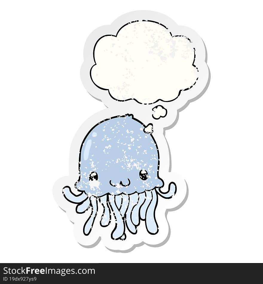 cartoon jellyfish and thought bubble as a distressed worn sticker