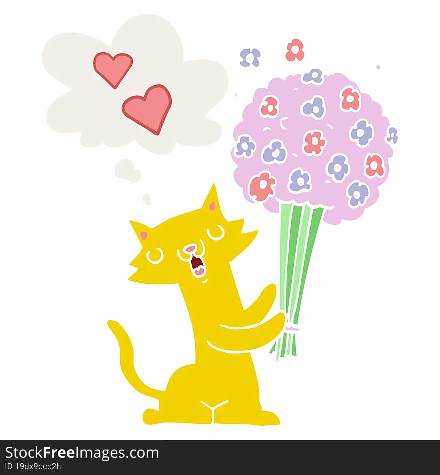 cartoon cat in love with flowers and thought bubble in retro style