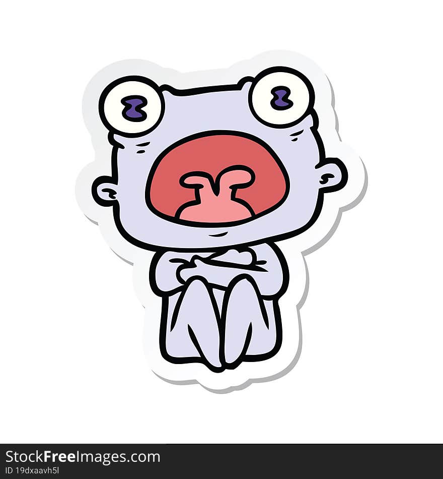 sticker of a cartoon weird alien huddled up