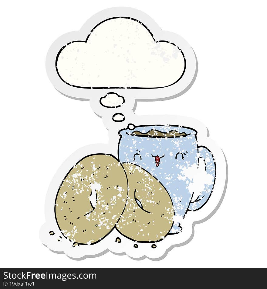 Cartoon Coffee And Donuts And Thought Bubble As A Distressed Worn Sticker