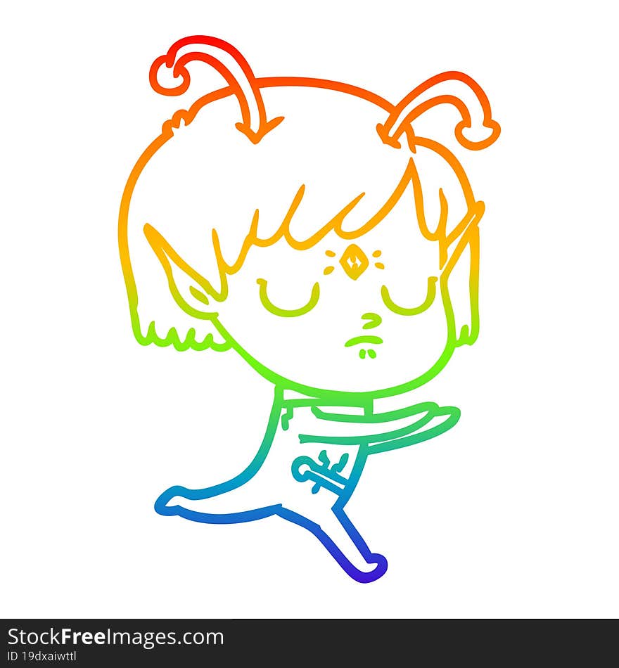 rainbow gradient line drawing of a cartoon alien girl