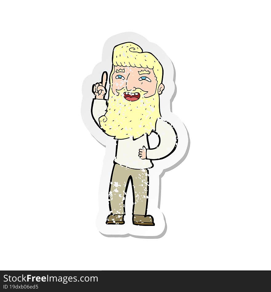 retro distressed sticker of a cartoon happy bearded man with idea