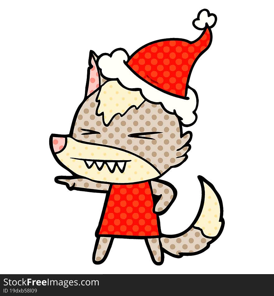 angry wolf hand drawn comic book style illustration of a wearing santa hat. angry wolf hand drawn comic book style illustration of a wearing santa hat