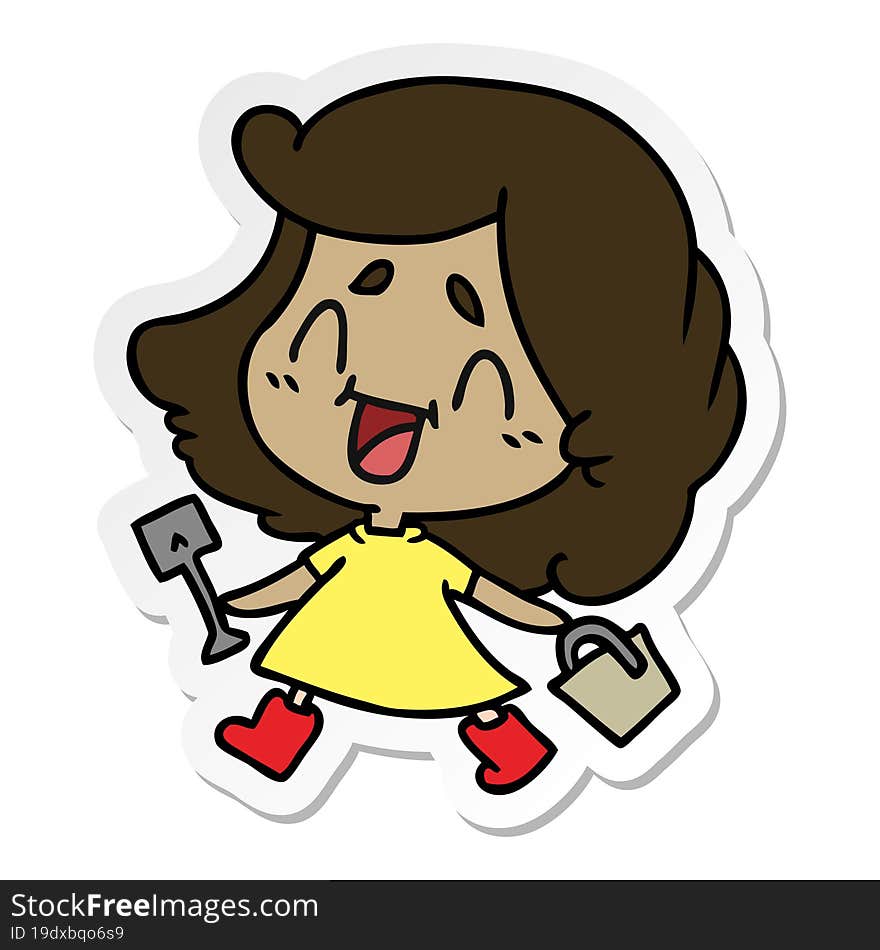 sticker cartoon of cute kawaii girl with bucket and spade