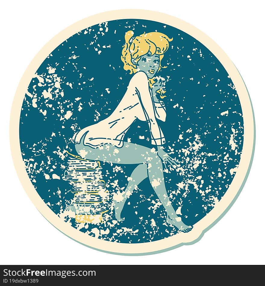 distressed sticker tattoo style icon of a pinup girl sitting on books