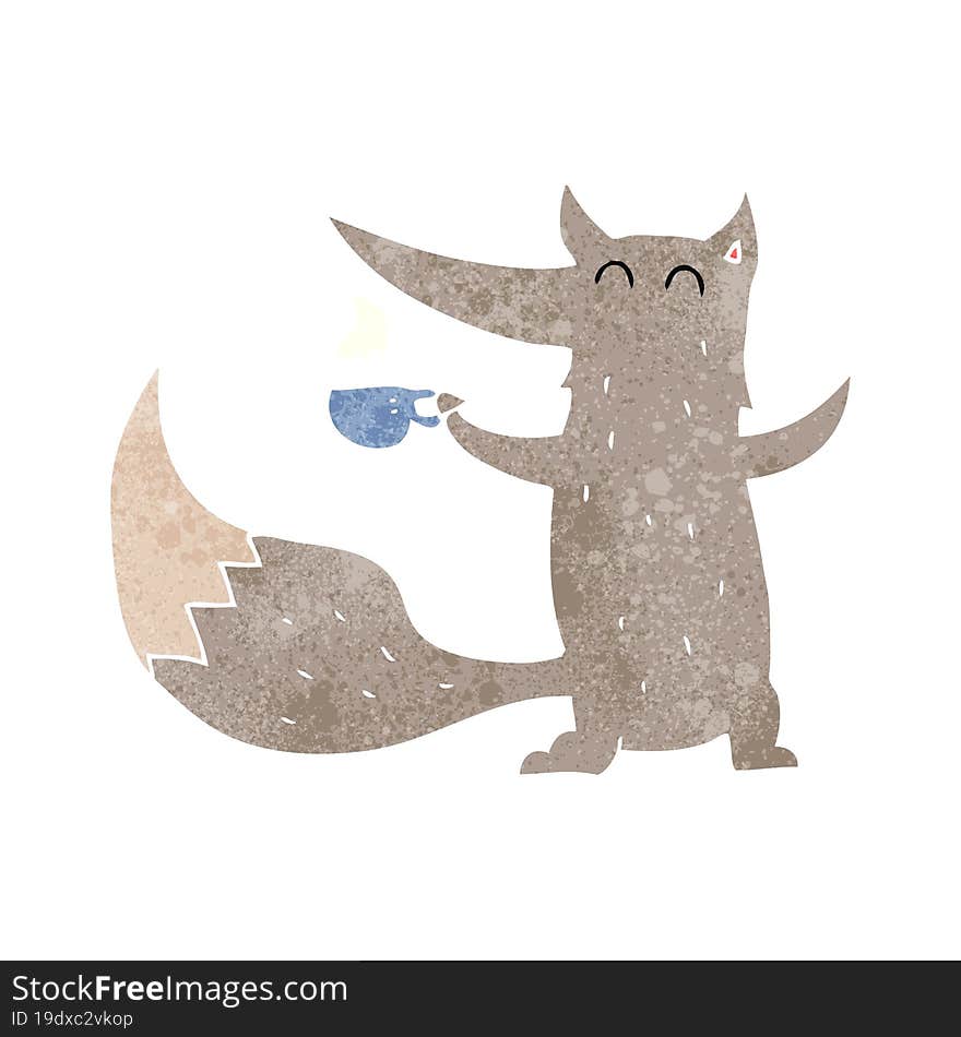 retro cartoon wolf with coffee cup