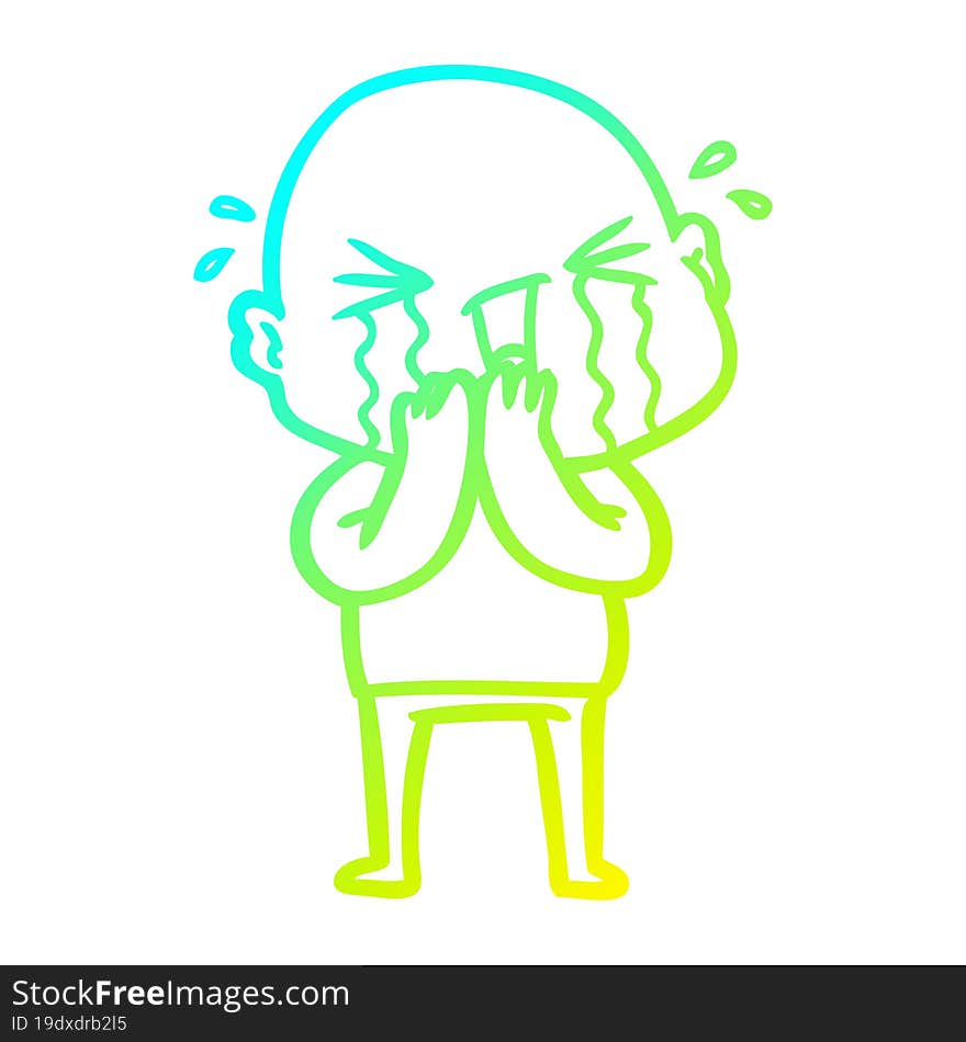 cold gradient line drawing cartoon crying bald man