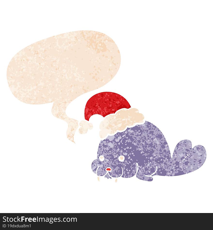 Cartoon Christmas Walrus And Speech Bubble In Retro Textured Style