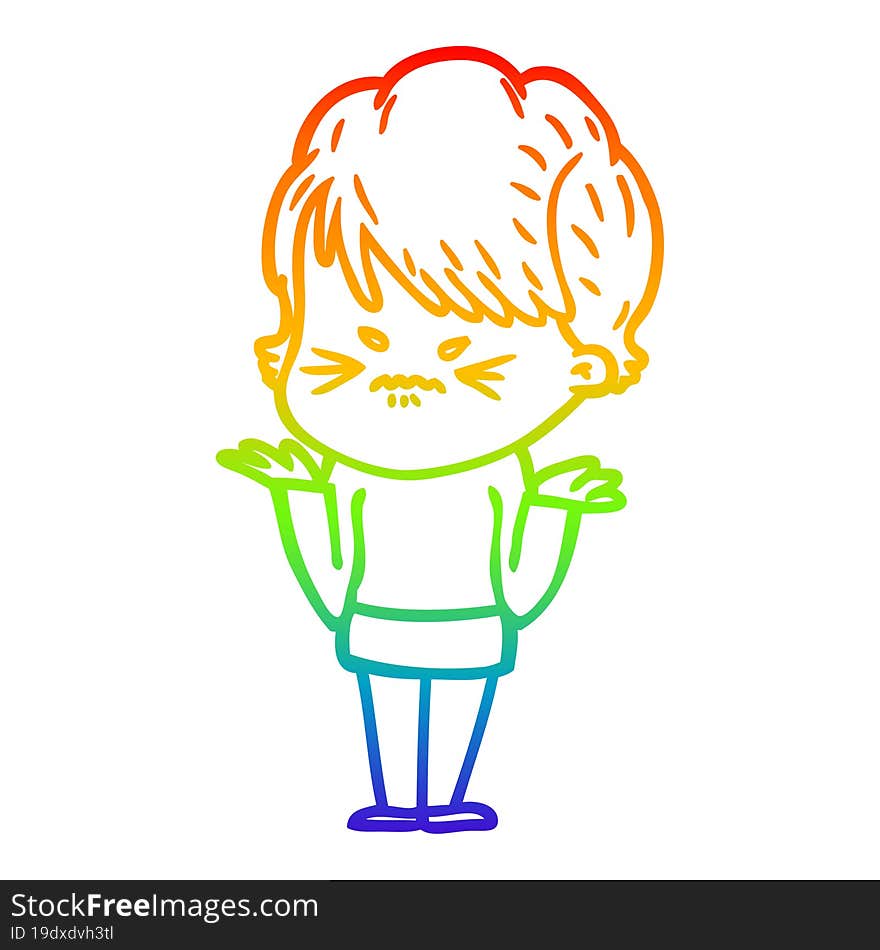 rainbow gradient line drawing cartoon frustrated woman