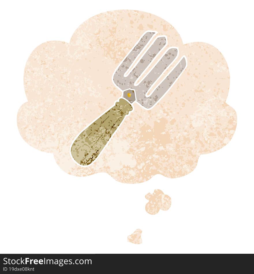 cartoon fork and thought bubble in retro textured style