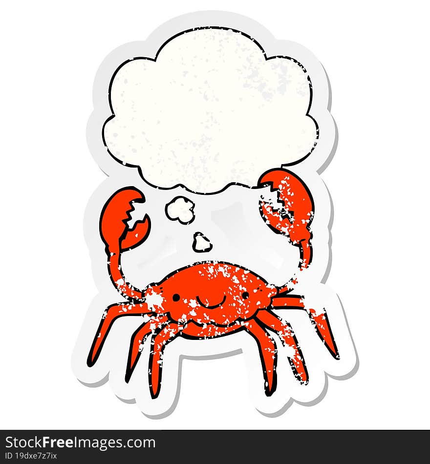 cartoon crab and thought bubble as a distressed worn sticker