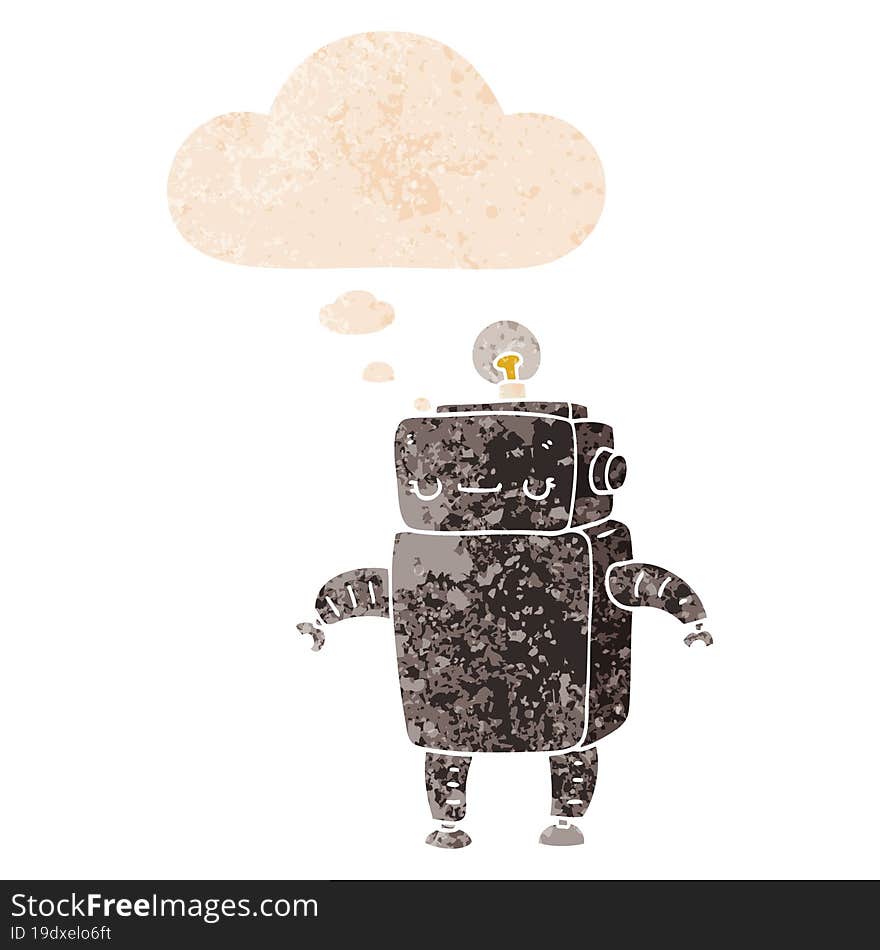 cartoon robot and thought bubble in retro textured style