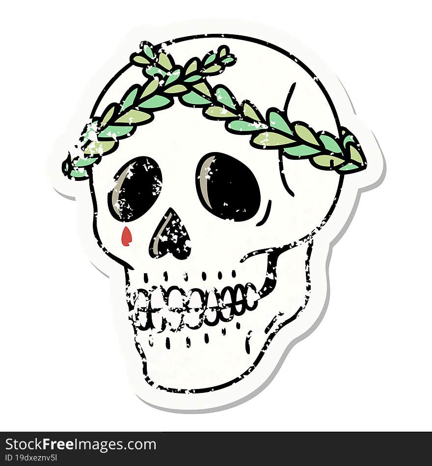 traditional distressed sticker tattoo of a skull with laurel wreath crown