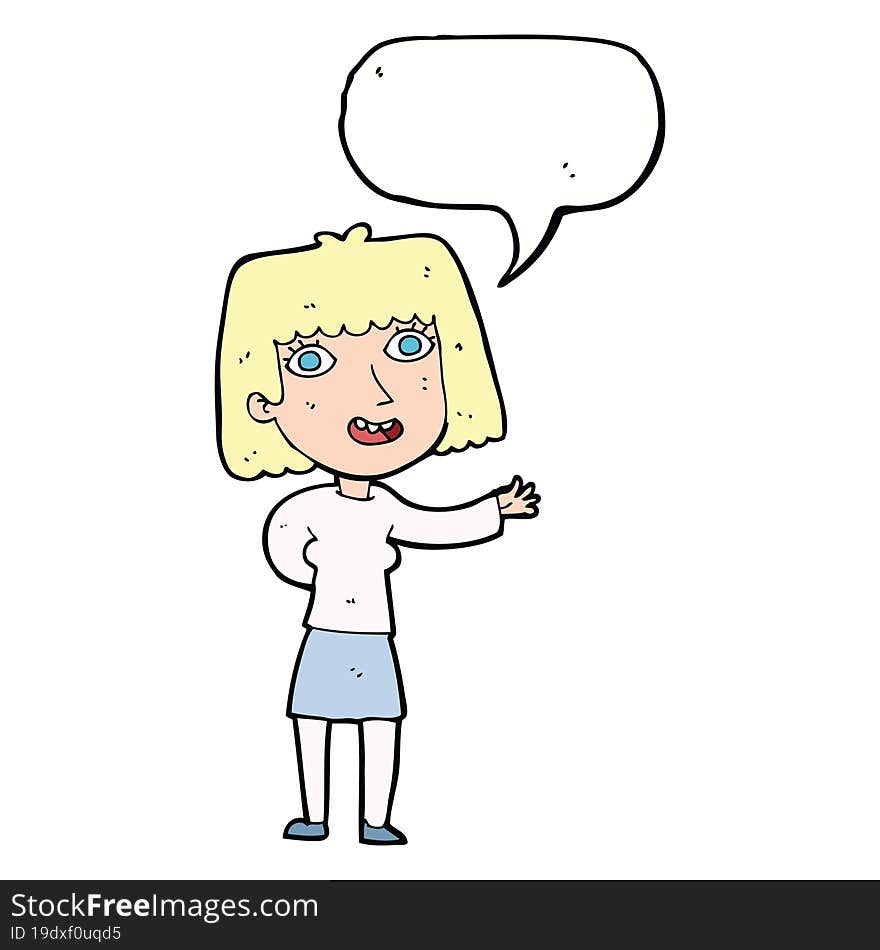 cartoon friendly woman waving with speech bubble