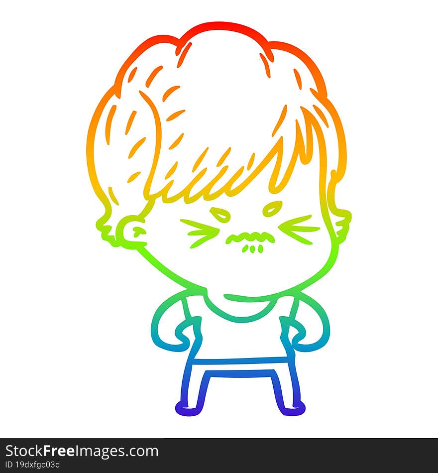 rainbow gradient line drawing of a cartoon frustrated woman