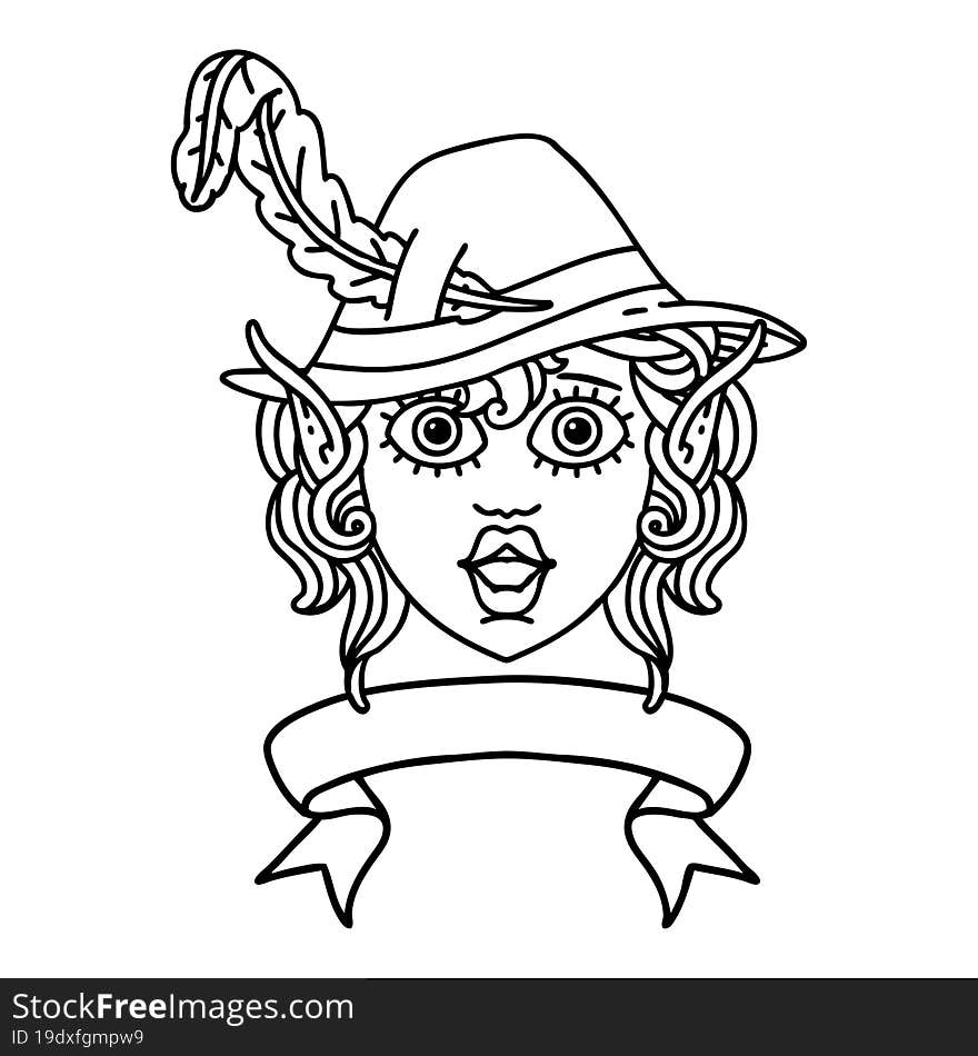 Black and White Tattoo linework Style elf bard character face with banner. Black and White Tattoo linework Style elf bard character face with banner