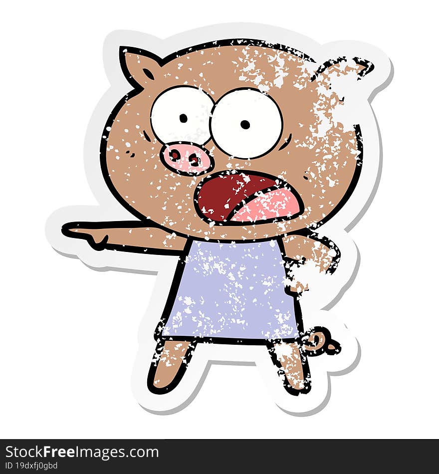 distressed sticker of a cartoon pig shouting