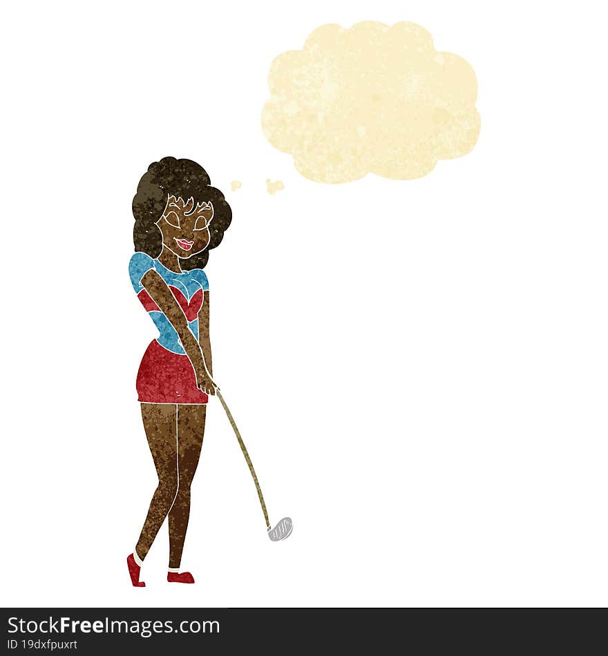 Cartoon Woman Playing Golf With Thought Bubble