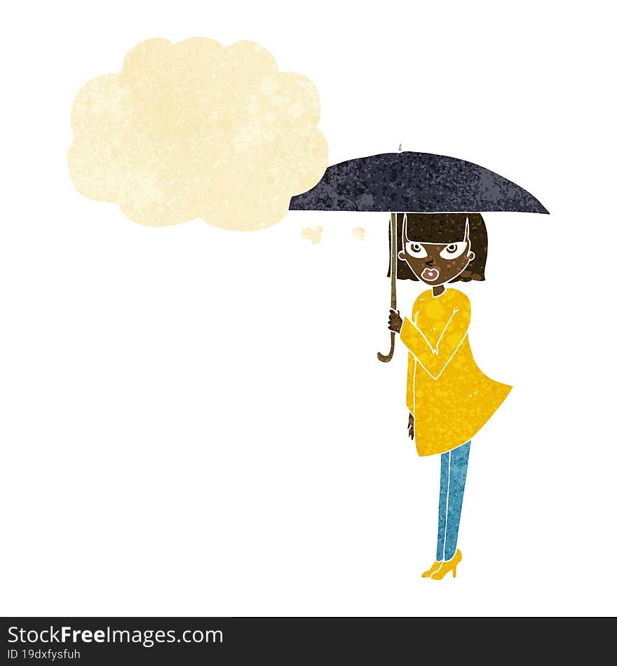 cartoon woman with umbrella with thought bubble