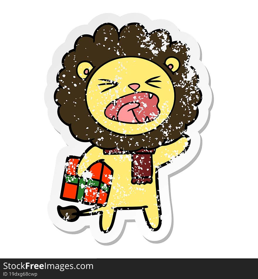 Distressed Sticker Of A Cartoon Lion With Christmas Present