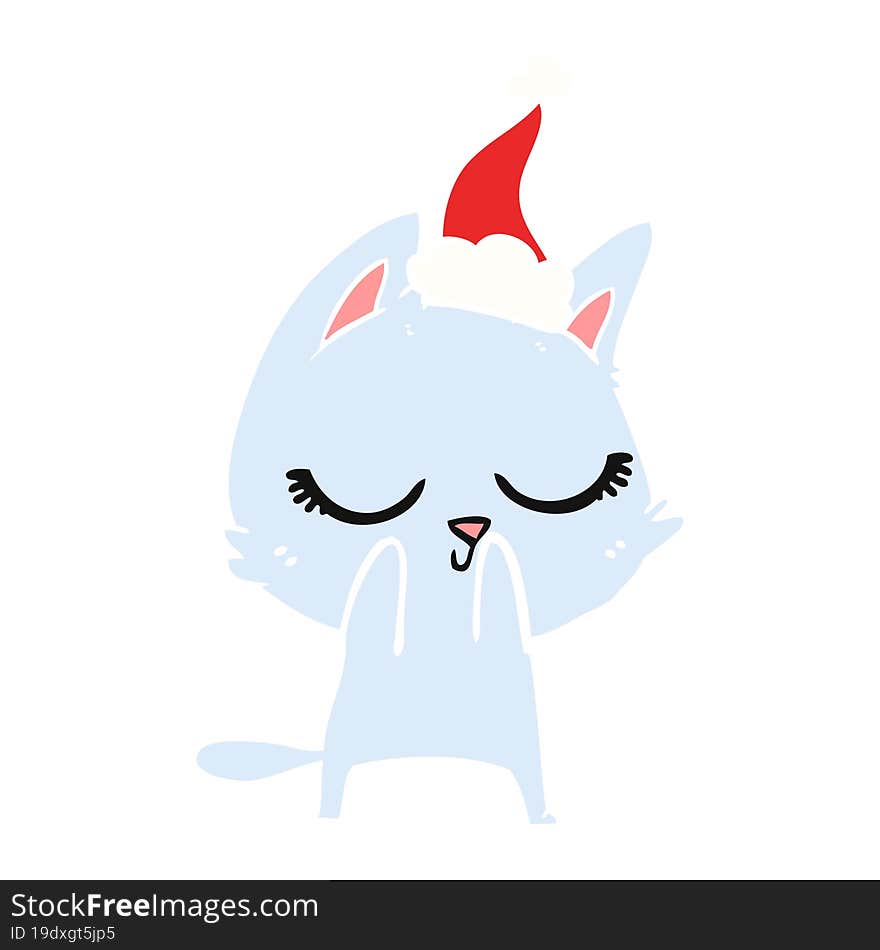 calm flat color illustration of a cat wearing santa hat