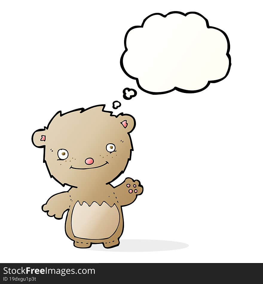 cartoon waving teddy bear with thought bubble