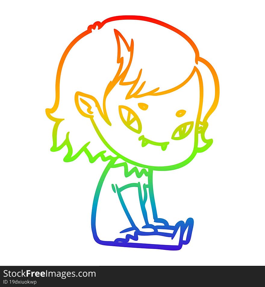 rainbow gradient line drawing of a cartoon friendly vampire girl sat down