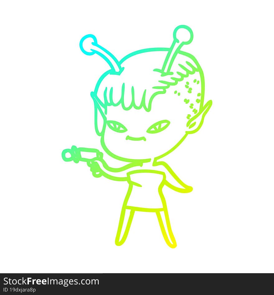 cold gradient line drawing of a cute cartoon alien girl