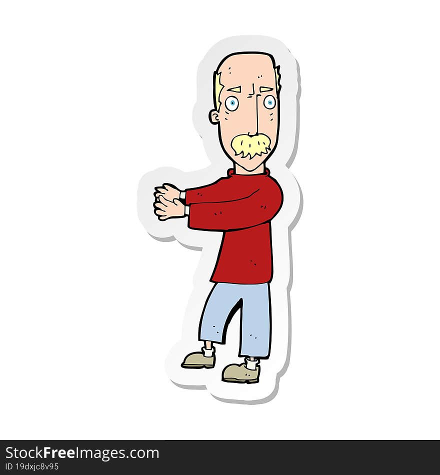 sticker of a cartoon balding man explaining