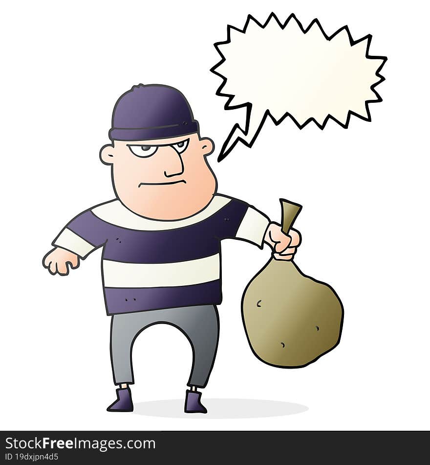 freehand drawn speech bubble cartoon burglar with loot bag