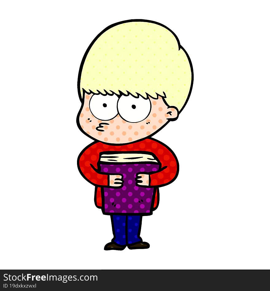 nervous cartoon boy holding book. nervous cartoon boy holding book