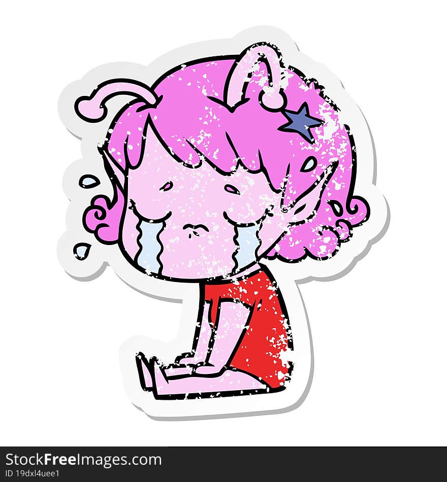 distressed sticker of a cartoon crying alien girl